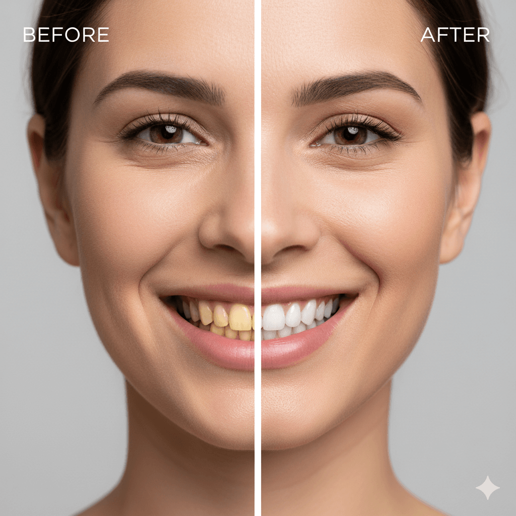 Smile Designing: Crafting Bespoke Smiles with Precision and Care Before and after smile designing results showing teeth alignment and color improvement at Dr Gowd’s Dental Hospitals in Hyderabad.