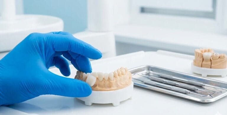 a professional dental technician's gloved hand placing a thin porcelain veneer on a model of teeth in a clinical setting.