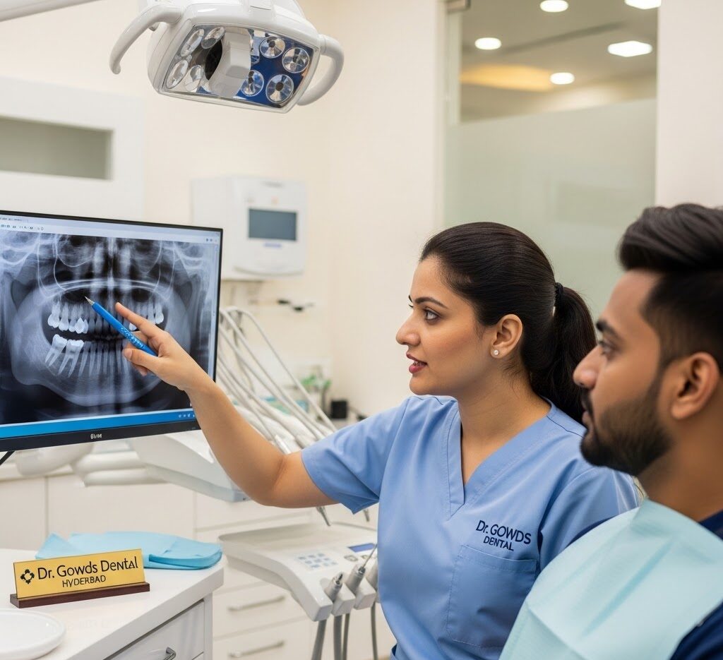 a dentist at dr. gowds dental hyderabad explaining a 3d digital x ray to a patient to plan a safe wisdom tooth extraction.