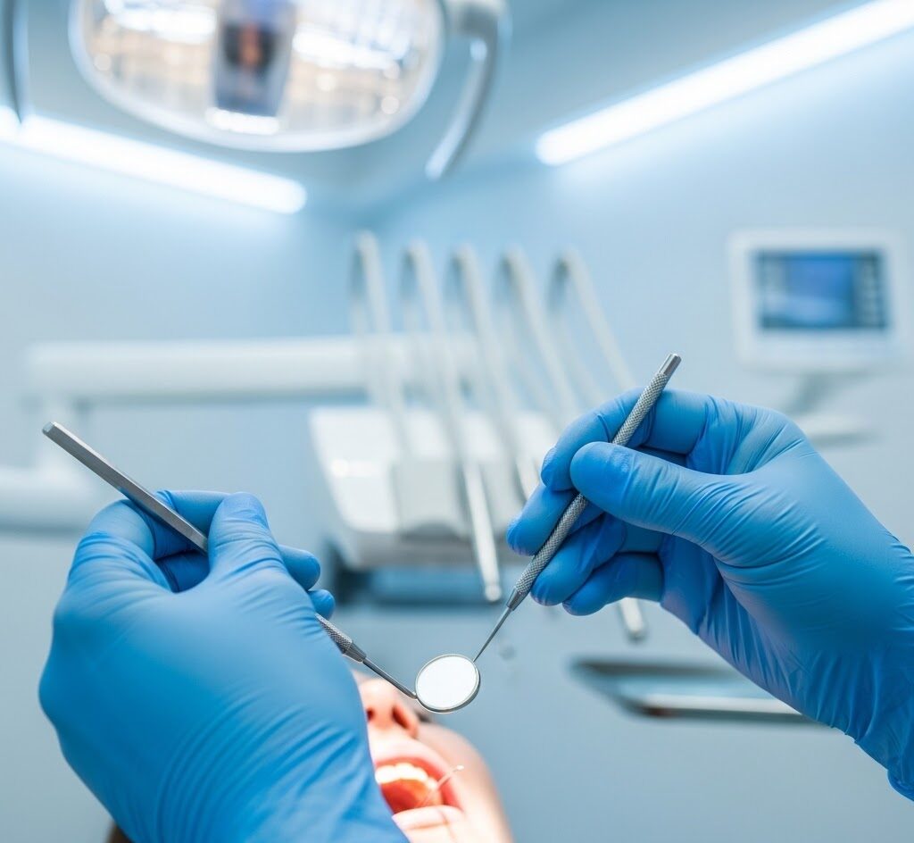 close up of sterilized dental instruments and a surgeon