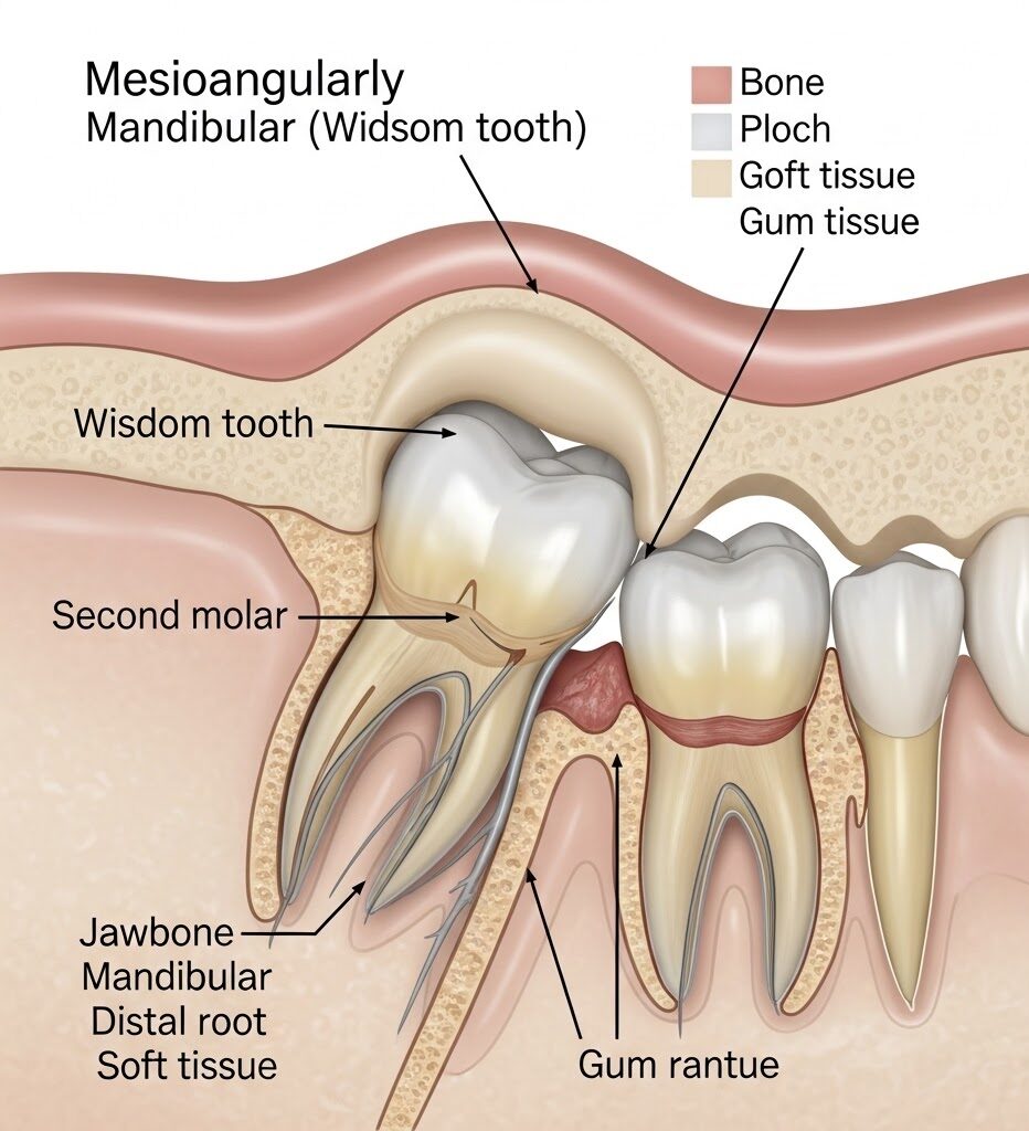medical illustration of an impacted wisdom tooth at dr. gowds dental hyderabad, showing its angle against the neighboring molar and the surrounding jawbone.